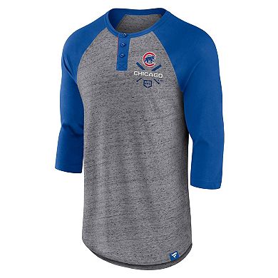 Men's Fanatics Branded Heathered Gray/Royal Chicago Cubs Iconic Above Heat Speckled Raglan Henley 3/4 Sleeve T-Shirt