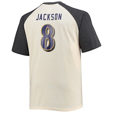 Men's Lamar Jackson Oatmeal Baltimore Ravens Big & Tall Player Name & Number Raglan T-Shirt