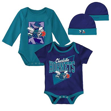 Newborn & Infant Mitchell & Ness Purple/Teal Charlotte Hornets 3-Piece Hardwood Classics Bodysuits & Cuffed Knit Hat Set