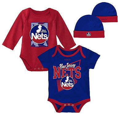 Infant Mitchell & Ness Blue/Red New Jersey Nets Hardwood Classics Bodysuits & Cuffed Knit Hat Set
