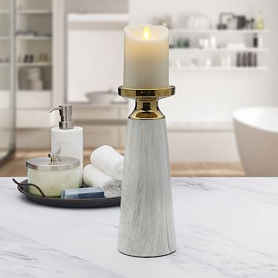 Elements Gold Finish Faux Marble Pillar Candle Holder Table Decor