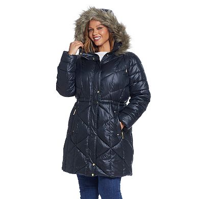 Plus Size Weathercast Faux-Fur Hood Quilted Puffer Coat