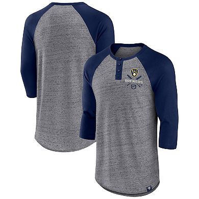 Men's Fanatics Branded Heathered Gray/Navy Milwaukee Brewers Iconic Above Heat Speckled Raglan Henley 3/4 Sleeve T-Shirt
