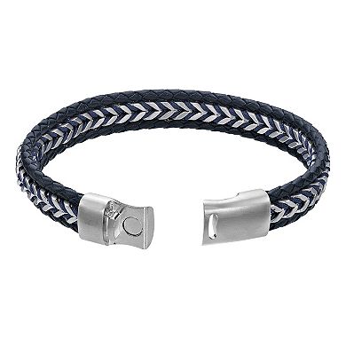 LYNX Men's Stainless Steel & Braided Blue Leather Cord Bracelet