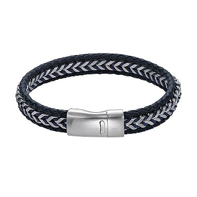 LYNX Men's Stainless Steel & Braided Blue Leather Cord Bracelet