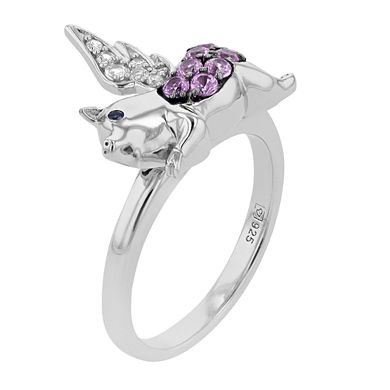 Sterling Silver Lab-Created Pink & White Sapphire Flying Pig Ring