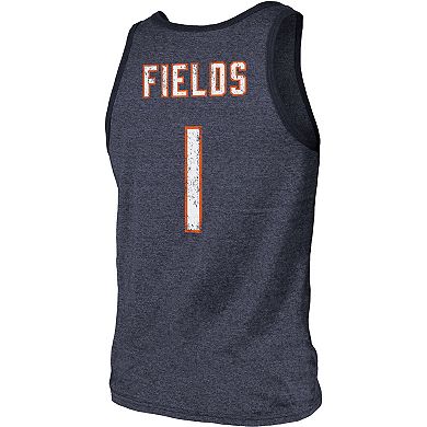 Men's Majestic Threads Justin Fields Heather Navy Chicago Bears Name & Number Tri-Blend Tank Top