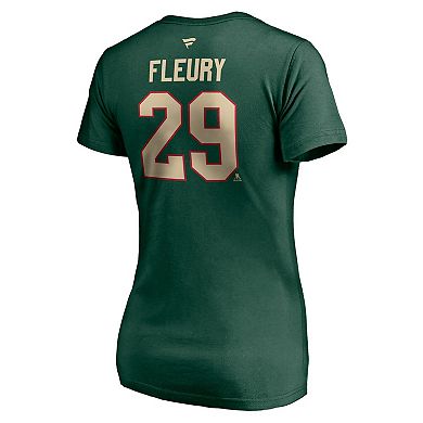 Women's Fanatics Branded Marc-Andre Fleury Green Minnesota Wild Authentic Stack Name & Number V-Neck T-Shirt