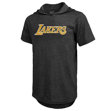 Men's Majestic Threads Heathered Black Los Angeles Lakers Wordmark Tri-Blend Hoodie T-Shirt