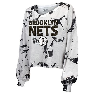 Women's Majestic Threads Black Brooklyn Nets Aquarius Tie-Dye Cropped V-Neck Long Sleeve T-Shirt
