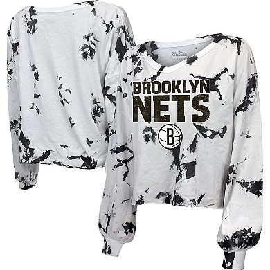 Women's Majestic Threads Black Brooklyn Nets Aquarius Tie-Dye Cropped V-Neck Long Sleeve T-Shirt