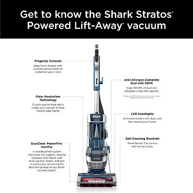 Shark® Stratos™ Upright Vacuum with DuoClean PowerFins HairPro™, Powered Lift-Away®, Self-Cleaning Brushroll, Odor Neutralizer Technology, Anti-Allergen Complete Seal Technology® with HEPA, Easy-Empty Dust Cup, and LED Headlights (AZ3002)