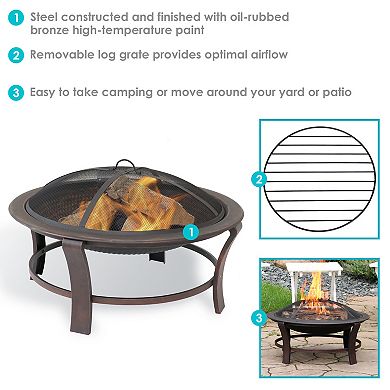 Sunnydaze 29 in Elevated Steel Fire Pit Bowl with Stand, Screen, and Poker