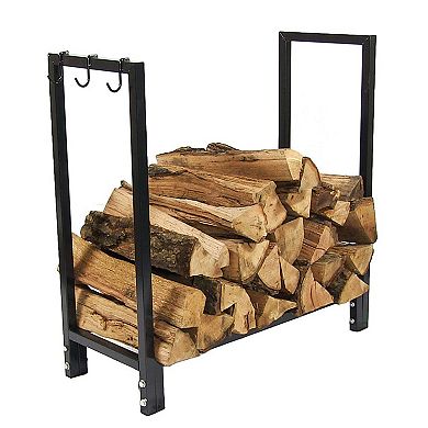 Sunnydaze 30 in Steel Firewood Log Rack with Fireplace Tool Hooks - Black