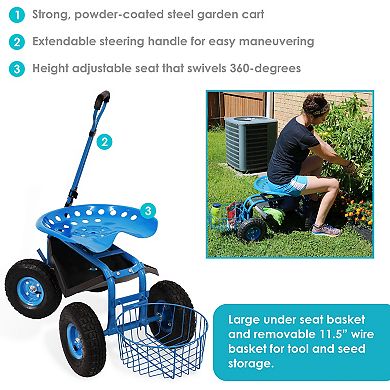 Sunnydaze Steel Rolling Garden Cart with Swivel Steering/Planter - Blue