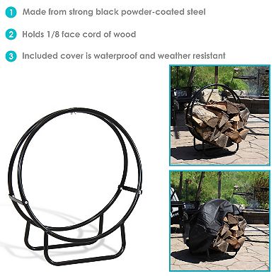 Sunnydaze 24 in Powder-Coated Steel Firewood Log Hoop Rack with Black Cover