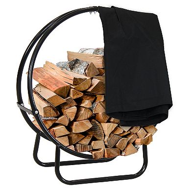 Sunnydaze 24 in Powder-Coated Steel Firewood Log Hoop Rack with Black Cover