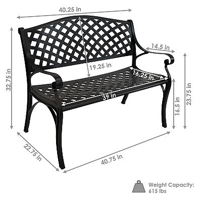 Sunnydaze 2-Person Checkered Cast Aluminum Outdoor Garden Bench - Black