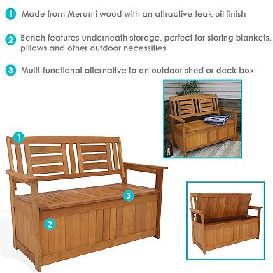 Sunnydaze 2-Person Meranti Wood with Teak Oil Finish Storage Bench - 51 in