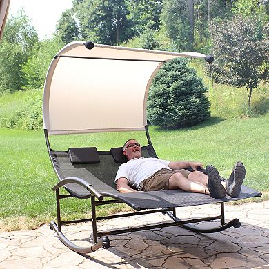 Sunnydaze Double Rocking Chaise Lounge Bed with Canopy and Pillows - Black