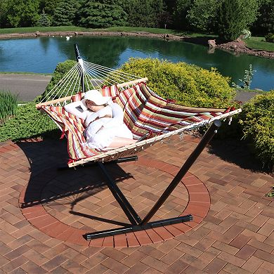 Sunnydaze Rope Hammock with Pad and Pillow Set and 12' Stand