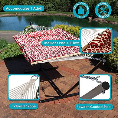 Sunnydaze Rope Hammock with Pad and Pillow Set and 12' Stand