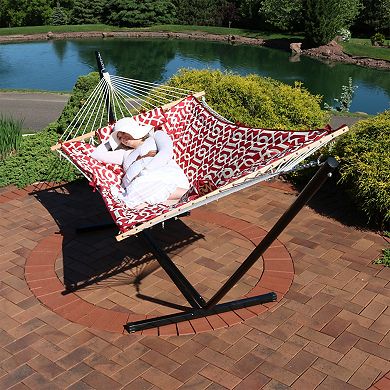 Sunnydaze Rope Hammock with Pad and Pillow Set and 12' Stand