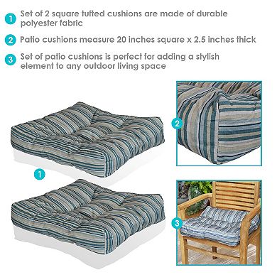 Sunnydaze Outdoor Square Tufted Seat Cushion - Neutral Stripes - Set of 2