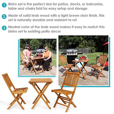 Sunnydaze Nantasket Solid Teak Wood 3-Piece Folding Bistro Set - Brown