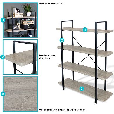 Sunnydaze 4-Tier Industrial Open-Shelf Bookshelf - Oak Gray