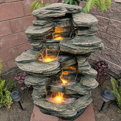 Sunnydaze Electric Stacked Shale Water Fountain with LED Lights - 38 in