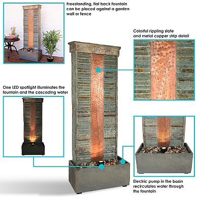 Sunnydaze Rippled Slate Indoor Water Fountain with Copper/LED Light - 48 in