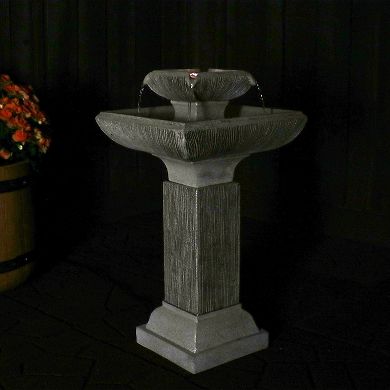 Sunnydaze Square Resin Outdoor 2-Tier Bird Bath Water Fountain with Lights