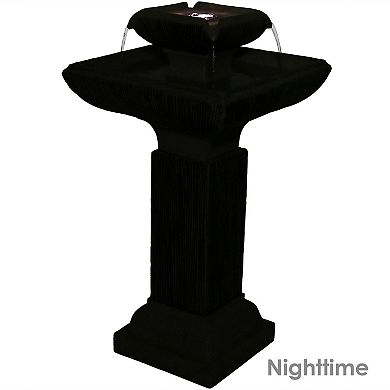 Sunnydaze Square Resin Outdoor 2-Tier Bird Bath Water Fountain with Lights