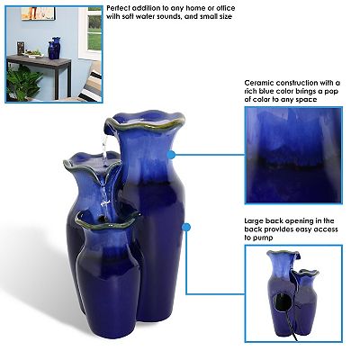 Sunnydaze Tiered Blue Pitchers Ceramic Indoor Water Fountain - 11 in