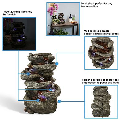 Sunnydaze Stone Falls Polyresin 6-Tier Indoor Fountain with LED - 15 in