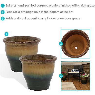 Sunnydaze 11 in Studio Glaze Ceramic Planter - Forest Lake Green - Set of 2