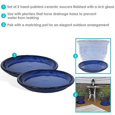 Sunnydaze 12 in Glazed Ceramic Flower Pot/Plant Saucer - Blue - Set of 4