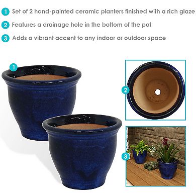 Sunnydaze 9 in Studio Glazed Ceramic Planter - Imperial Blue - Set of 2