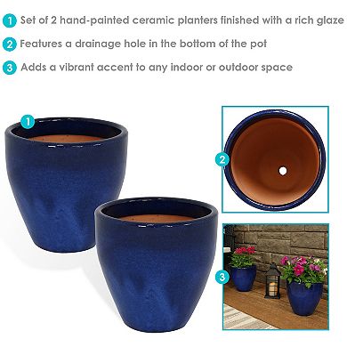 Sunnydaze 10 in Resort Glazed Ceramic Planter - Imperial Blue - Set of 2