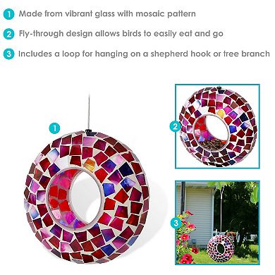 Sunnydaze Glass Crimson Mosaic Fly-Through Hanging Bird Feeder - 6 in