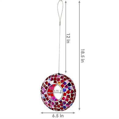 Sunnydaze Glass Crimson Mosaic Fly-Through Hanging Bird Feeder - 6 in