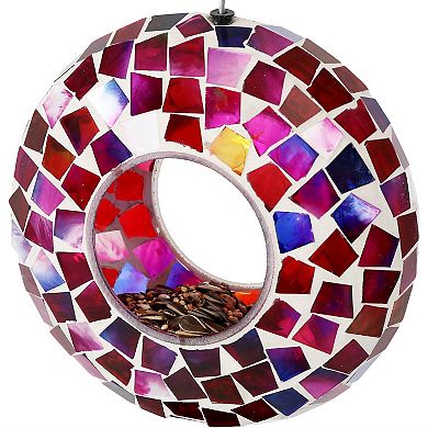 Sunnydaze Glass Crimson Mosaic Fly-Through Hanging Bird Feeder - 6 in