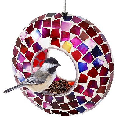 Sunnydaze Glass Crimson Mosaic Fly-Through Hanging Bird Feeder - 6 in