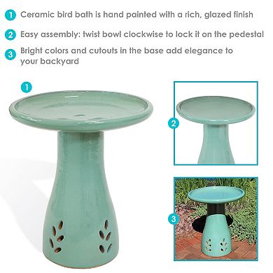 Sunnydaze Classic Outdoor Ceramic Bird Bath - UV/Frost Resistant - Seafoam
