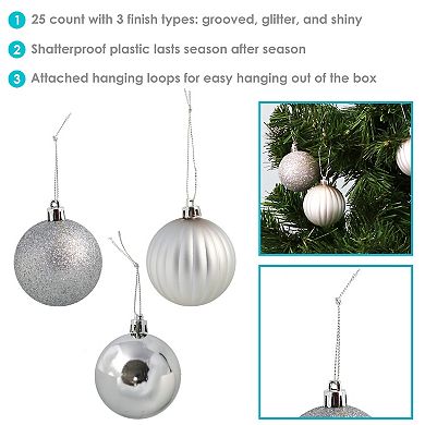 Sunnydaze Beautiful Baubles 25-Piece Plastic Ornament Set - 60 mm - Silver