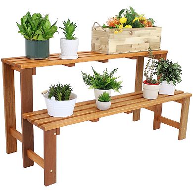 Sunnydaze 2-tier Meranti Wood Plant Stand With Teak Oil Finish - 24 In