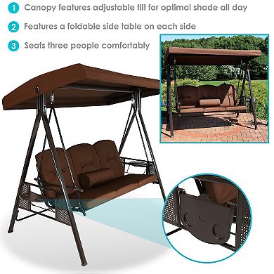 Sunnydaze 3-Person Steel Patio Swing Bench with Side Tables/Canopy - Brown