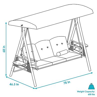 Sunnydaze 3-Person Steel Patio Swing Bench with Side Tables/Canopy - Brown