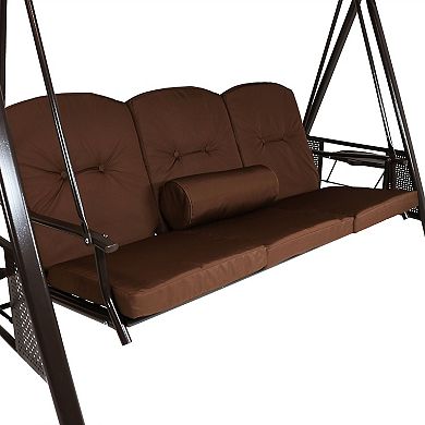 Sunnydaze 3-Person Steel Patio Swing Bench with Side Tables/Canopy - Brown